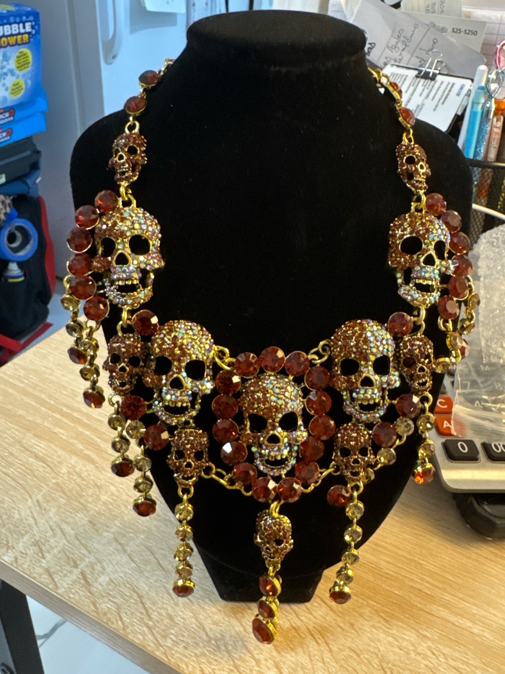 Natasha Couture Gold-Tone Skull Statement Necklace with Amber Crystals